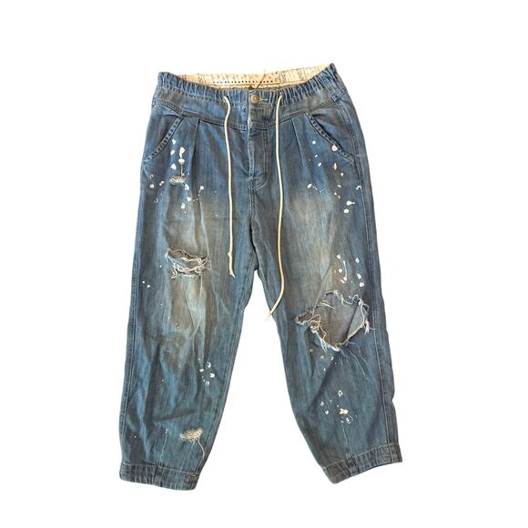 Women S Free People Mixed Up Distressed Utility Jeans Denim Pants Splatter - Picture 1 of 7